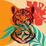 Tiger Child album cover depicting a graphic of a tiger with the sun and tropical leaves.